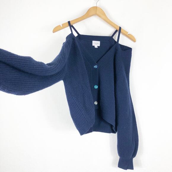 NWOT Cami NYC Elizabeth Sweater Large Blue Merino Wool Cold Shoulder Cardigan - Picture 10 of 13